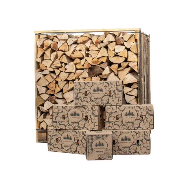 Box 1,5 stères 30 CM bois de chauffage sec avec 5 cartons de bois d’allumage